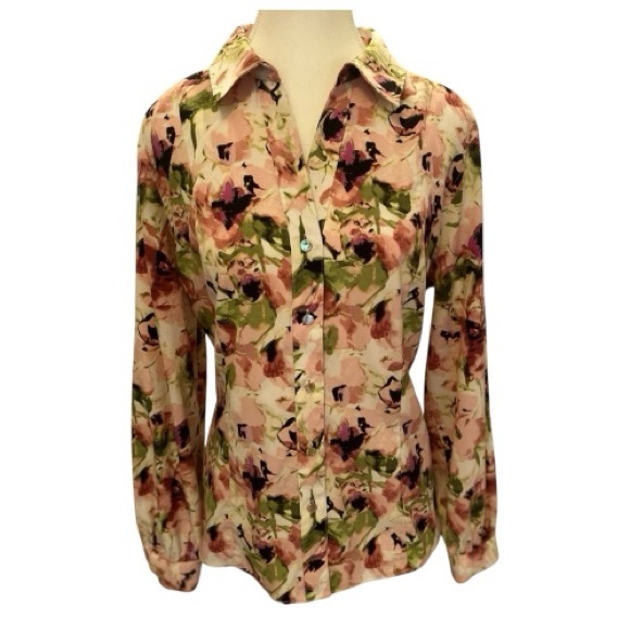 Romantic BohoChic Brushstroke‎ Floral Print Blouse - Anne Klein- Size L - Picture 1 of 12